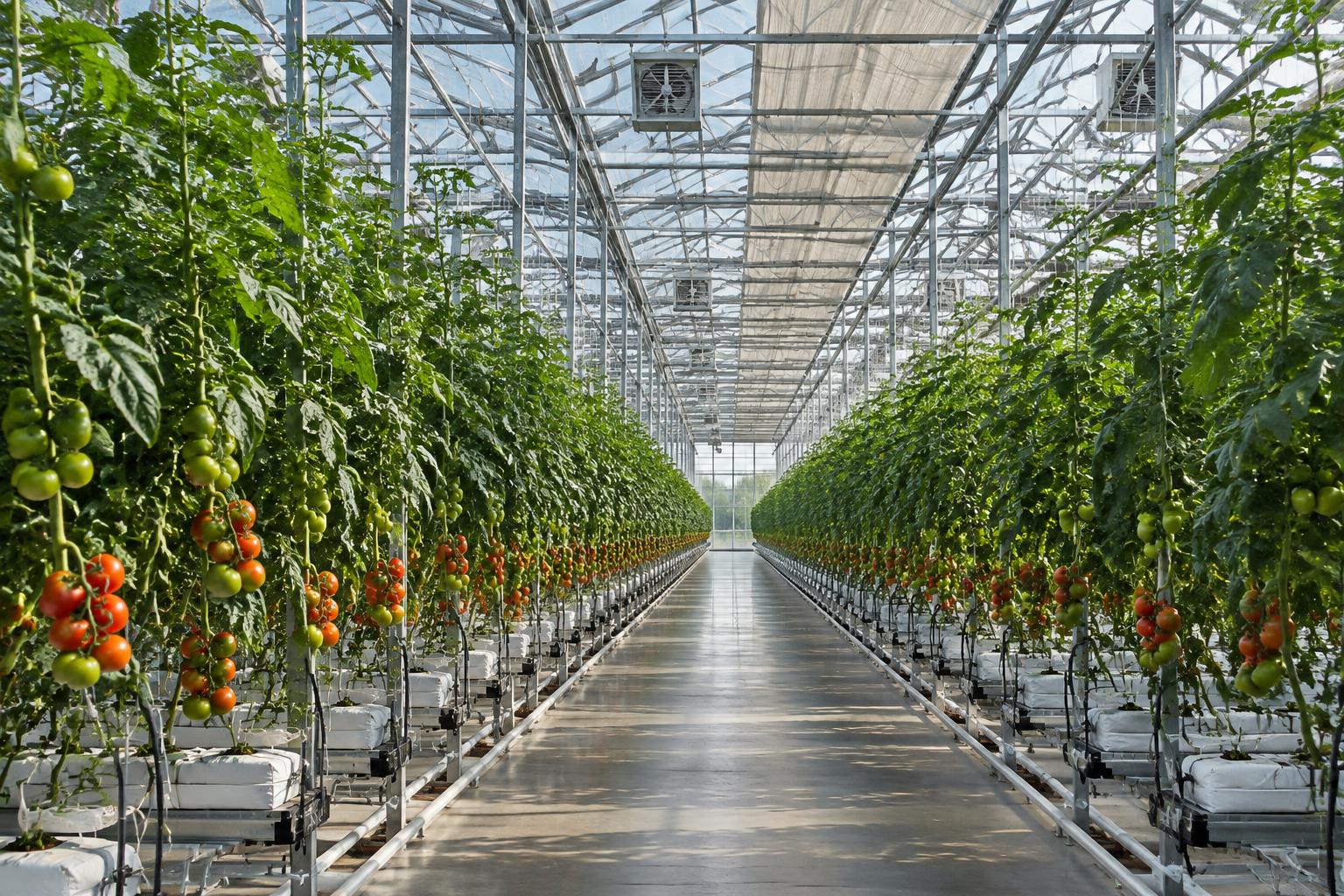 Allée de production sous serre équipée pour la gestion climatique